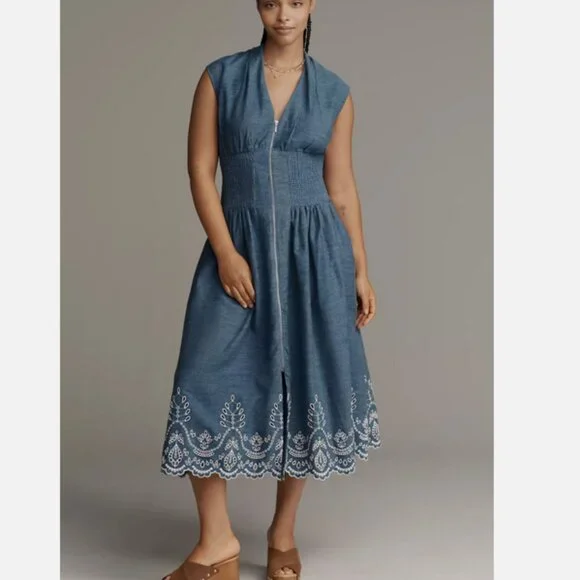 Anthropologie The Tommie Denim Chambray Zip Front Eyelet Trim Dress Blue S NWT